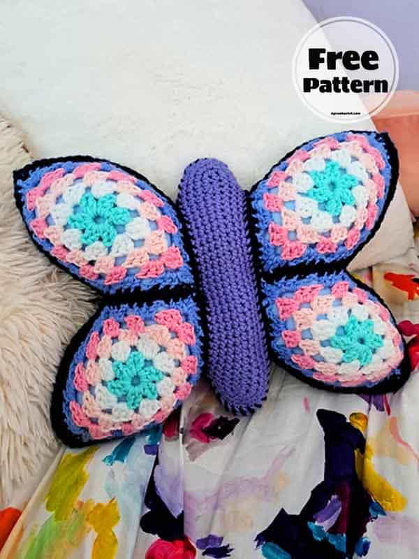 Granny Square Crochet Butterfly Pillow Free Pattern 