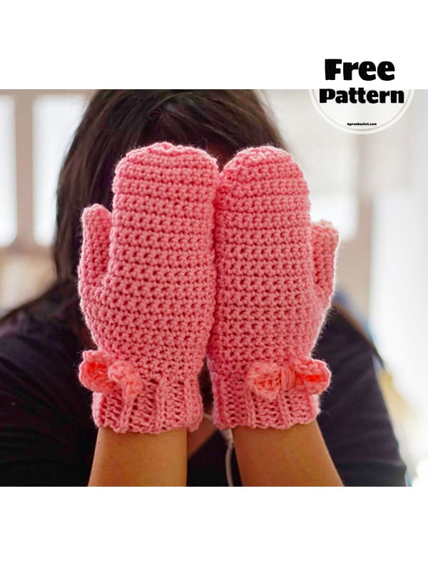 Little Bow Tie Free Simple Crochet Mittens Pattern 