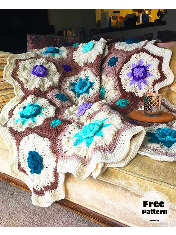 Afghan Free Crochet Hexagon Blanket Pattern 