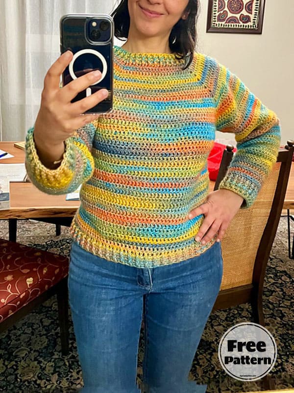 Multicolored Crochet Raglan Sweater Free Pattern